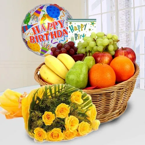 Enticing Fresh Fruits Basket with Yellow Rose Bouquet