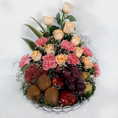 Market-Fresh Exotic Fruits in Glass Vase with Flowers