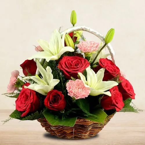 Cheerful Basket of Roses, Lilies n Carnations