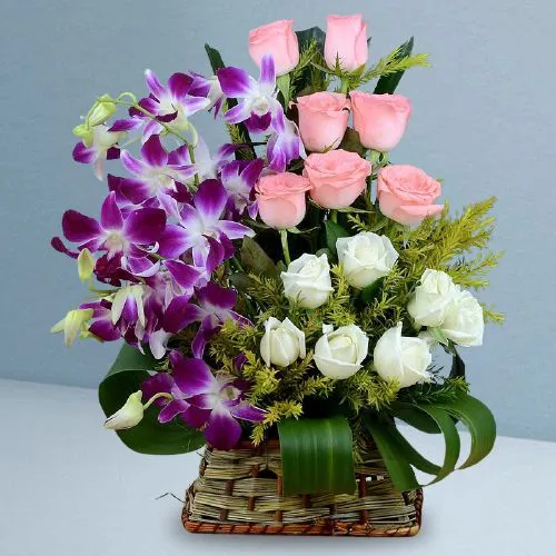 Seasons Celebration Roses n Orchids Basket