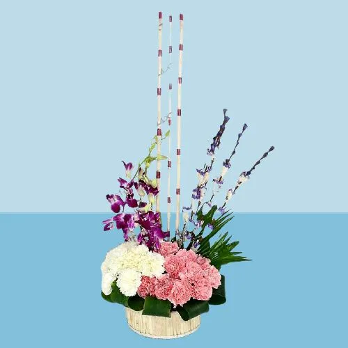 Stunning Mixed Flower Basket with Artificial Sticks
