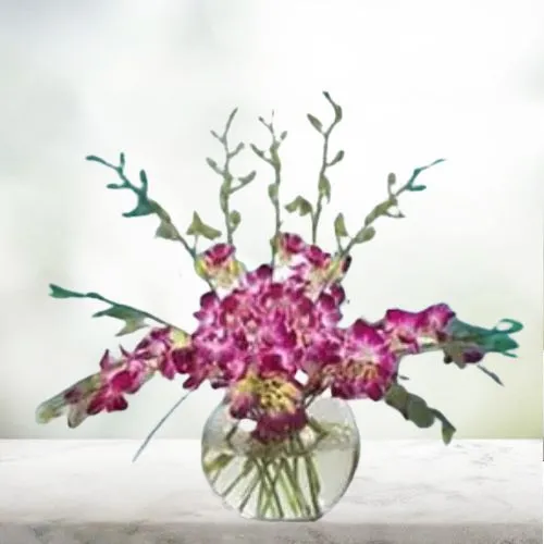 Exotic Vase Display of 12 Purple Orchids