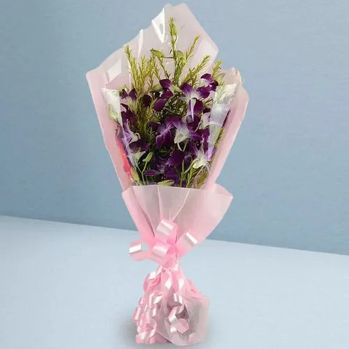 Elegant 6 Orchids Bunch with Pink Satin Wrap