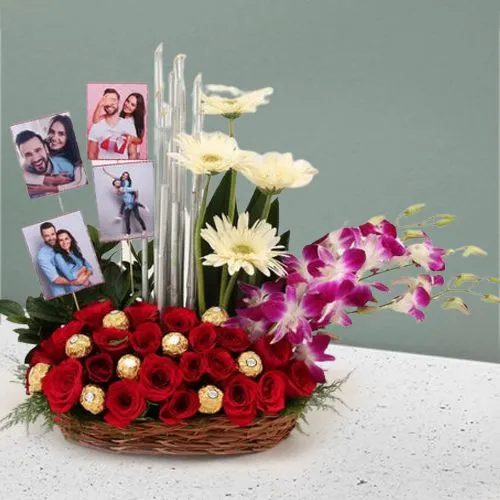 Delightful Fresh Flowers N Personalized Pics Basket Arrangement