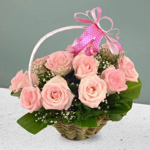 Graceful Pink Roses Basket with Filler Decor