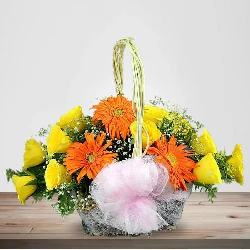 Radiant Basket of Yellow Roses with Orange Gerberas