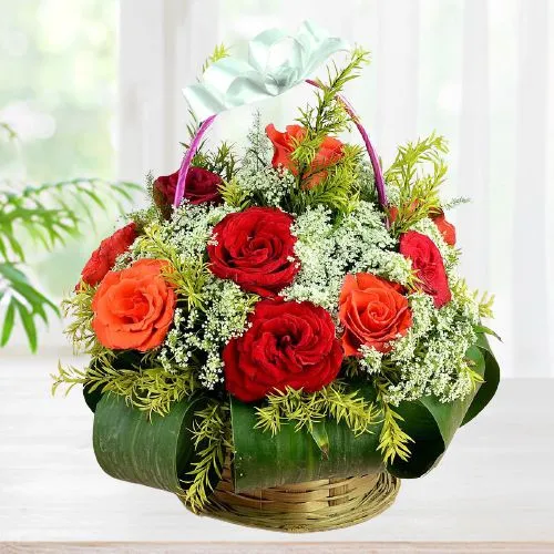 Radiant Roses Basket of Red N Orange Hues