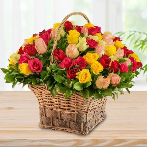 Cheerful Basket of 100 Multicolored Roses