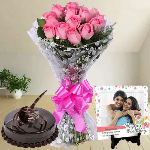 Enigmatic Pink Rose Bouquet with Personalized Photo Tile N Chocolate Cake	