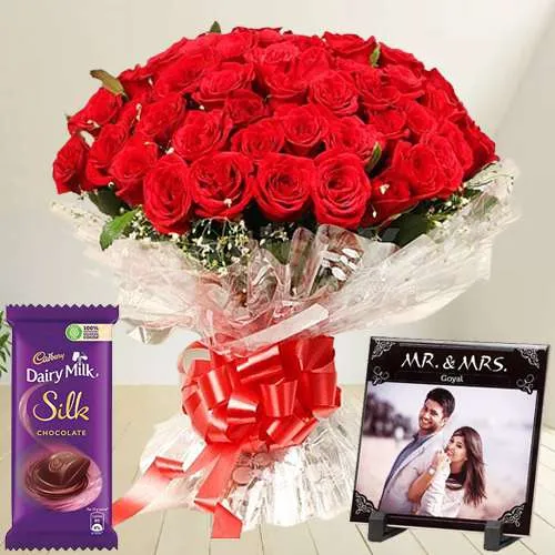 Precious Personalized Photo Tile with Red Rose Bouquet N Cadbury Silk 	