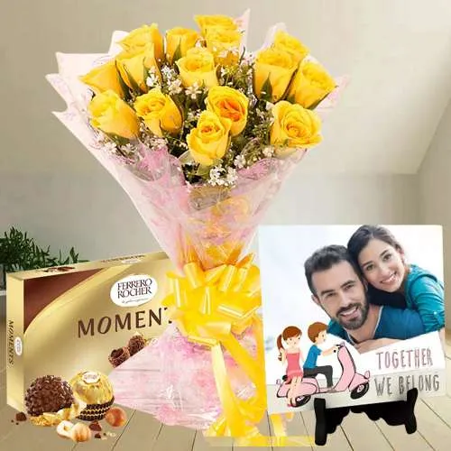 Gorgeous Yellow Roses Bouquet with Personalized Photo Tile n Ferrero Moments