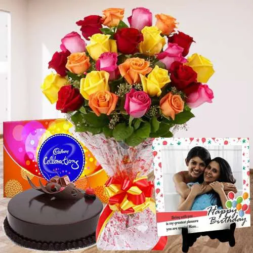 Ravishing Personalized Photo Tile n Mixed Flower Bouquet with Chocolate Cake n Cadbury Celebration