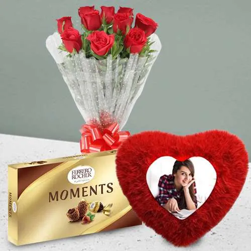 MindBlowing Combo of Red Rose Bouquet with Personalized Cushion	n Ferrero Moments