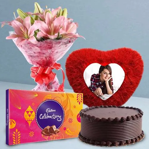 Special Personalized Cushion n Lily Bouquet with Cadbury Celebration n Choco Cake	
