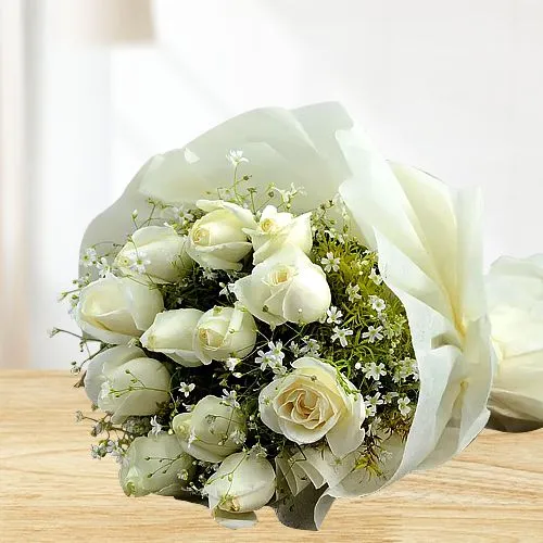 Blushing Bouquet of White Roses with Greens