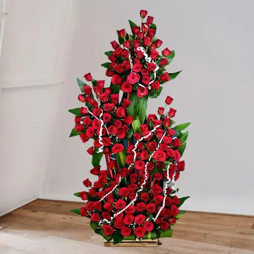 Artful Tall Arrangement of Red Roses