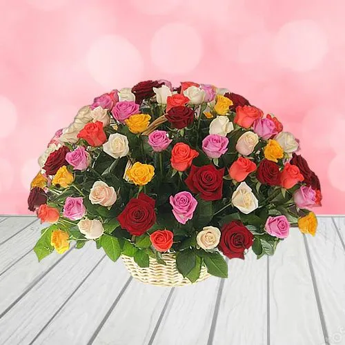 Delicate Display of Mixed Roses in a Basket