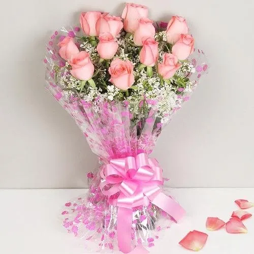 Classic 12 Dutch Pink Roses Bunch with Happiness