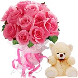 Sophisticated 12 Pink Roses Bouquet and Small Teddy Bear