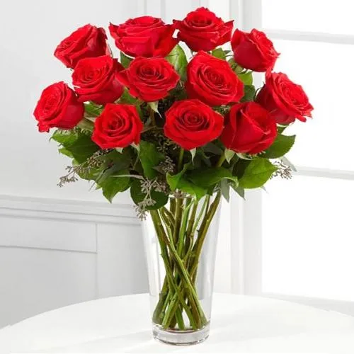 Romantic Arrangement of Red Roses in a Glass Vase