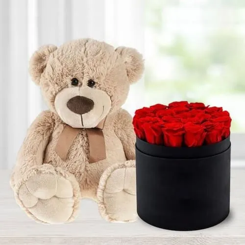 Lovely Red Roses in a Black Hat Box with Cute Teddy