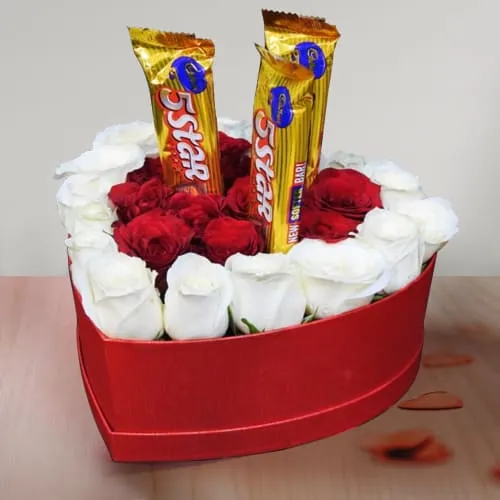 Glorious Heart Box of White N Red Roses with Chocolates