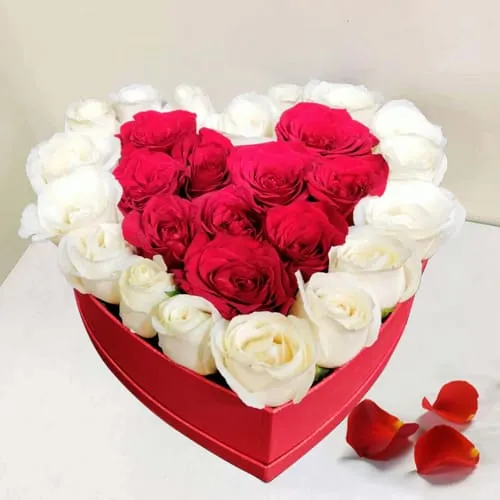 Luxurious Arrangement of Red and White Roses in Heart Box