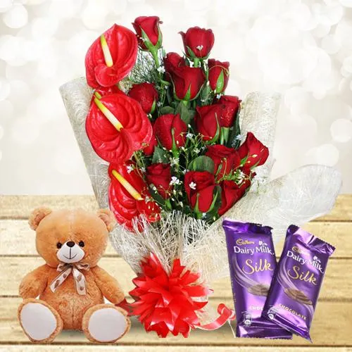 Radiant Selection of Red Flowers Bouquet with Sweet Teddy n Chocolates