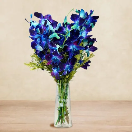 Beautiful Vase of Twelve Blue Orchids