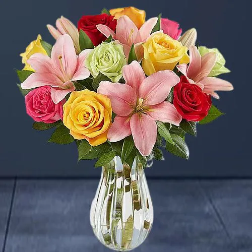 Eternal Bliss of Roses n Lilies in a Vase