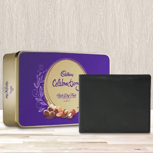 Elegant Black Leather Wallet with a Cadbury Rich Dry Fruits Chocolate