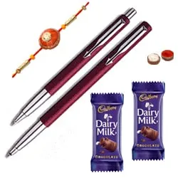 Pen set from Parker with Rakhi with Chocolate and Roli Tilak Chawal