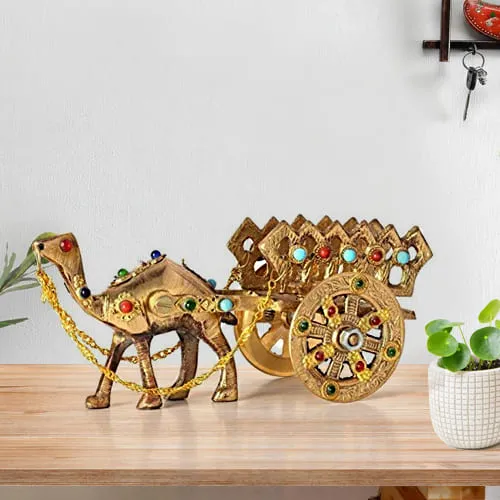 Designer Rajasthani Gemstone Studded Brass Camel with Antique Wor