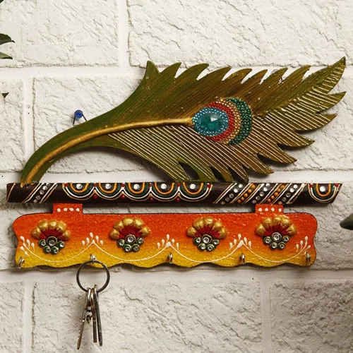 Decorative Mor Pankhi Wooden Key Holder for Housewarming