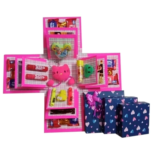Stylish 3 Layer Explosion Box of Chocolates, Personalized Photo n Goodies for Girls