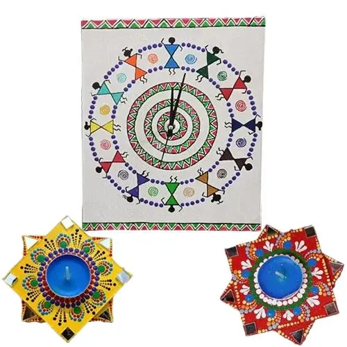Eye-Catching Handmade Warli Art Wall Clock with Twin Dot Mandala Art Diya