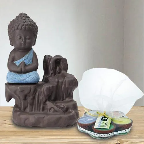 Auspicious Meditating Monk Buddha N Incense Holder with Iris Aroma Candles