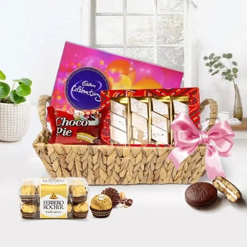 Scrumptious Basket Including Chocolates Gift Hamper for Special Day