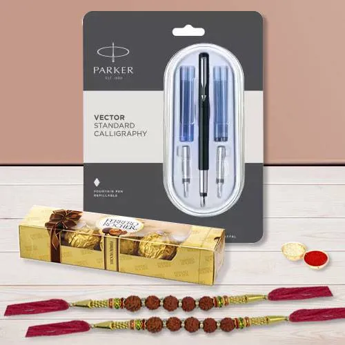 Charming Parker Pen with Rudraksha Rakhi N Ferrero Rocher