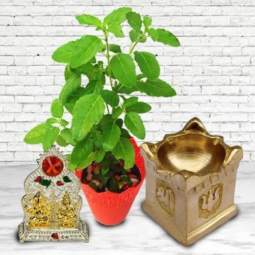 Classy Moms Day Gift of Tulsi Plant with Diya N Ganesh Laxmi Mandap