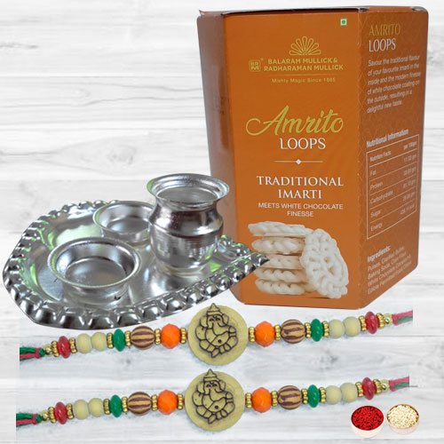 Pious Ganesh Rakhis with Delicious Imarti N Silver Plated Thali