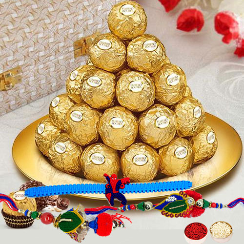 Trendy Family Rakhi Set with Ferrero Rocher in Gold plated Thali