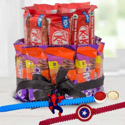 Trendy Captain America n Spiderman Rakhi with 2 Tier Chocolate Arrangement