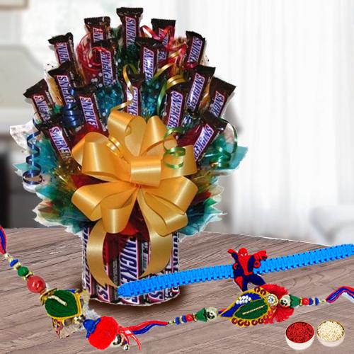 Pious Family Rakhi Set with Tower Arrangement of Imported Snickers