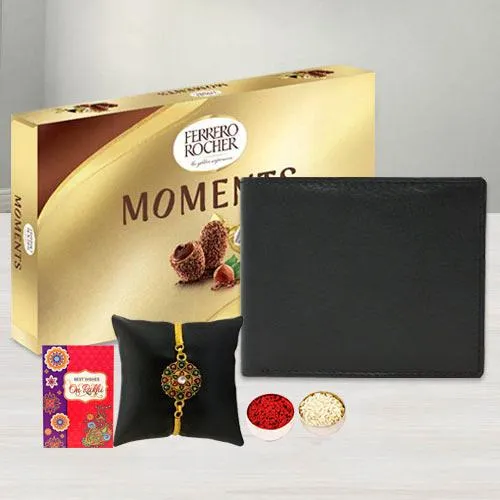 Suave Gold Plated Rakhi with Black Leather Wallet n Ferrero Rocher