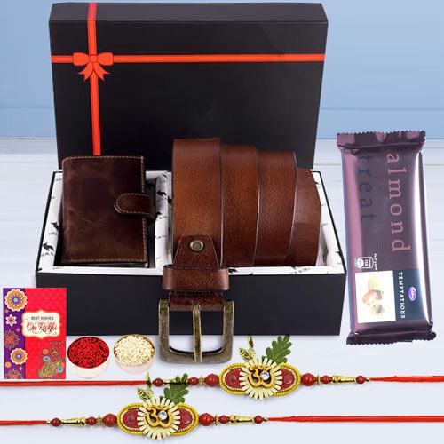 Holy OM Rakhi Pair with Card Holder, Belt, KN95 Mask N Cadbury Temptation