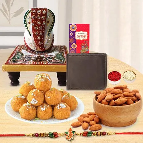 Pious Ganesh Rakhi with Wallet, Ganesh Marble Chowki, Sweets N Almonds