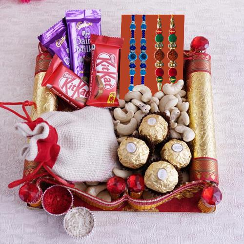 Fancy Bead n Rudraksha Rakhi with Chocolate Assortment n Cashews