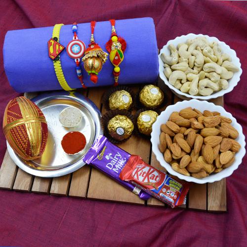 Lovely Family Rakhi Set with Puja Thali, Dry Fruits n Chocolates