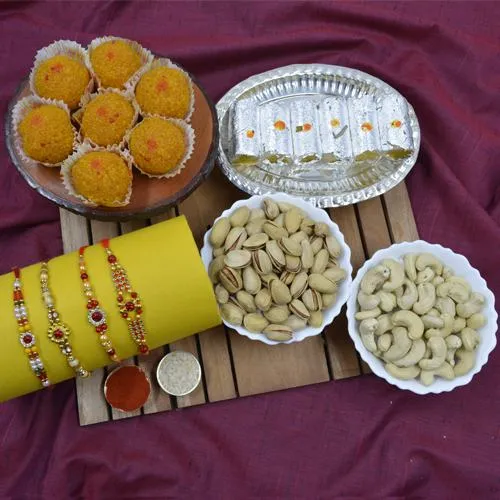 Gaudy Stone Rakhi Set with Haldiram Sweets N Dry Fruits